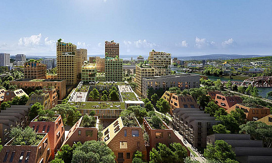 Photo rendering of cityscape with lots of trees and buildings.