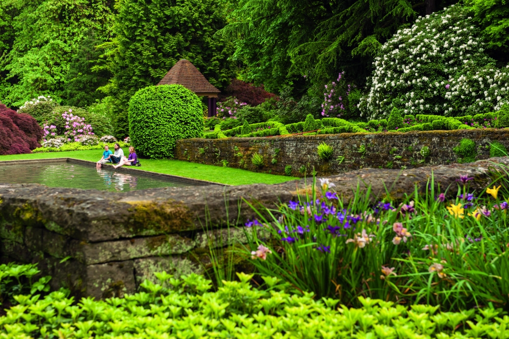 Students sitting by the reflecting pool in Estate Gardens.