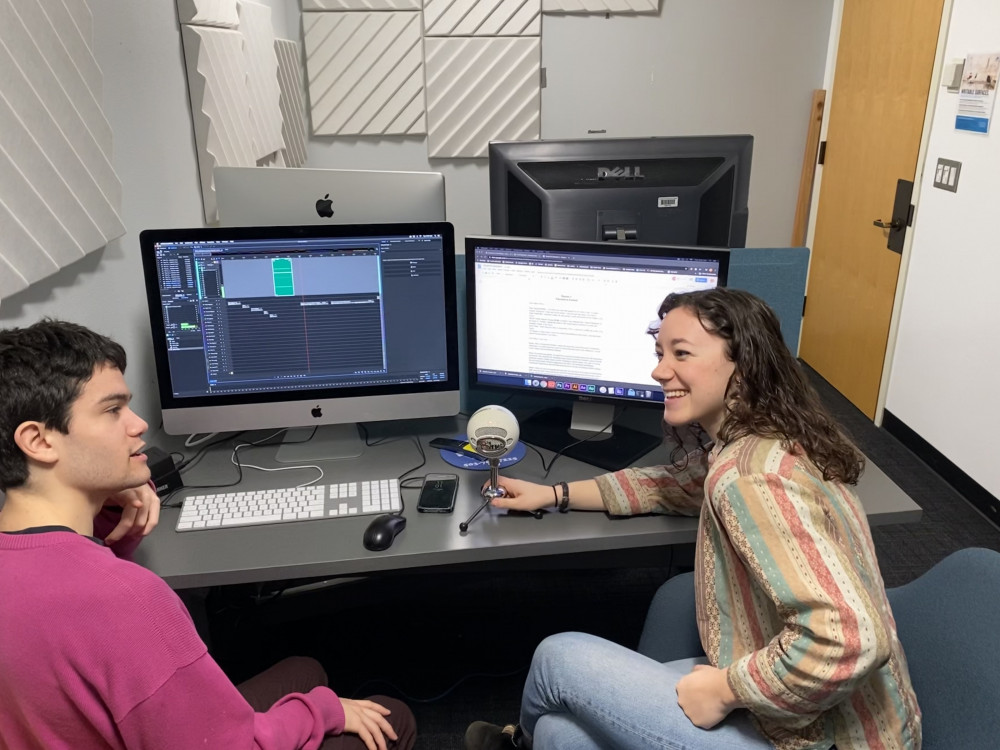 Bryan Miller BA '20 and Hanna Merzbach BA '20 edit their groundbreaking podcast series.