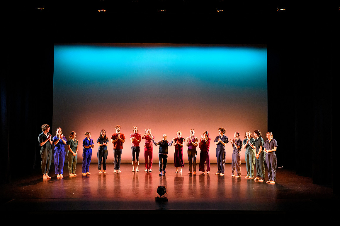 Tiffany Mills (center), members of her dance company, and L&C students at the curtain call of The Viola Trilogy