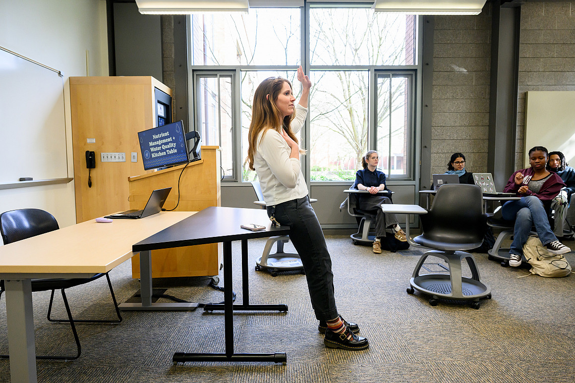 Alana Rader, assistant professor of environmental studies, prepares to address participants at the beginning of her class's nutrient mana...