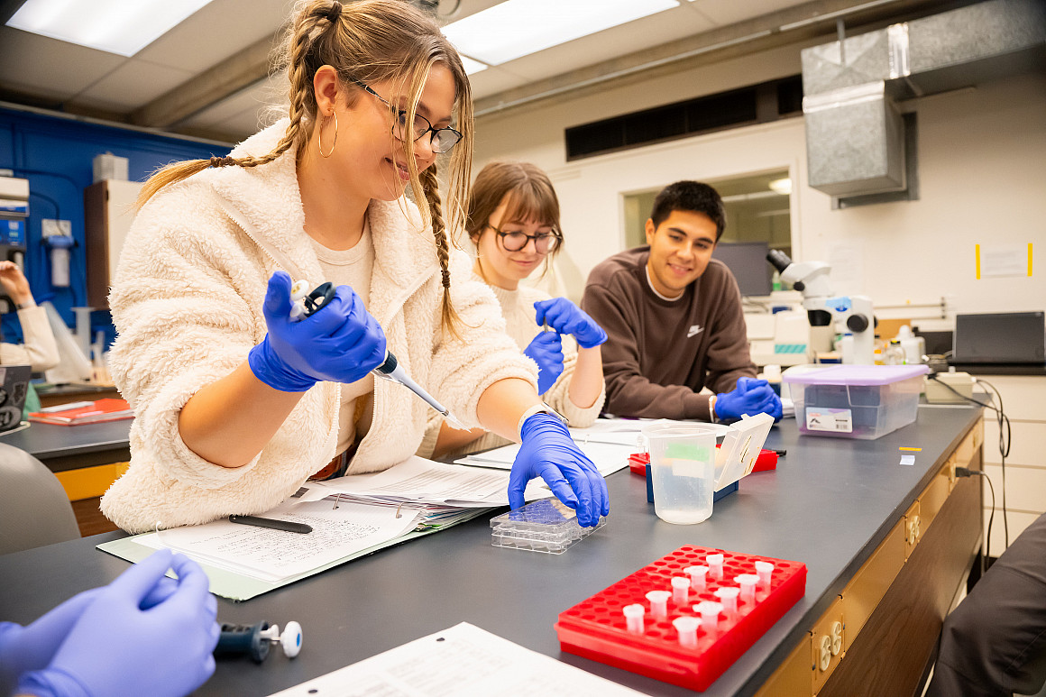 Students using science equipment and wearing blue gloves.
