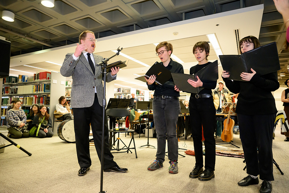 Visitors listened to undergraduates perform plainchant from a 15th-century Italian choir gradual, under the direction of visiting music p...