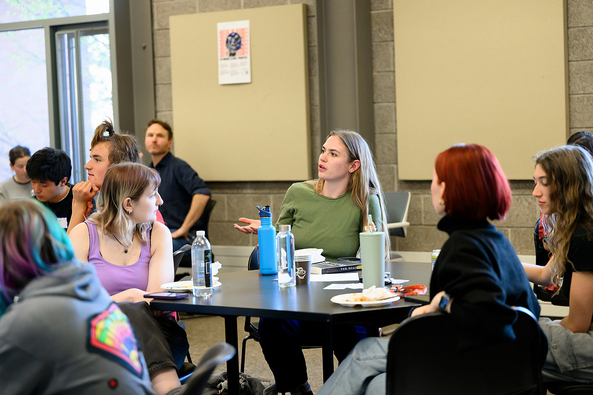 Gwyn Murphy-Cunningham BA '26, a member of the Students Engaged in Eco-Defense Club (SEED), responds to facilitator questions.