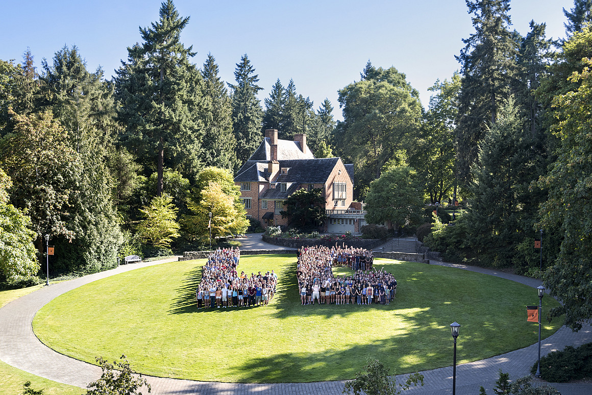 A Campus Tradition--Each year during New Student Orientation, members of the incoming class spell out LC on the Glade below the Frank Man...