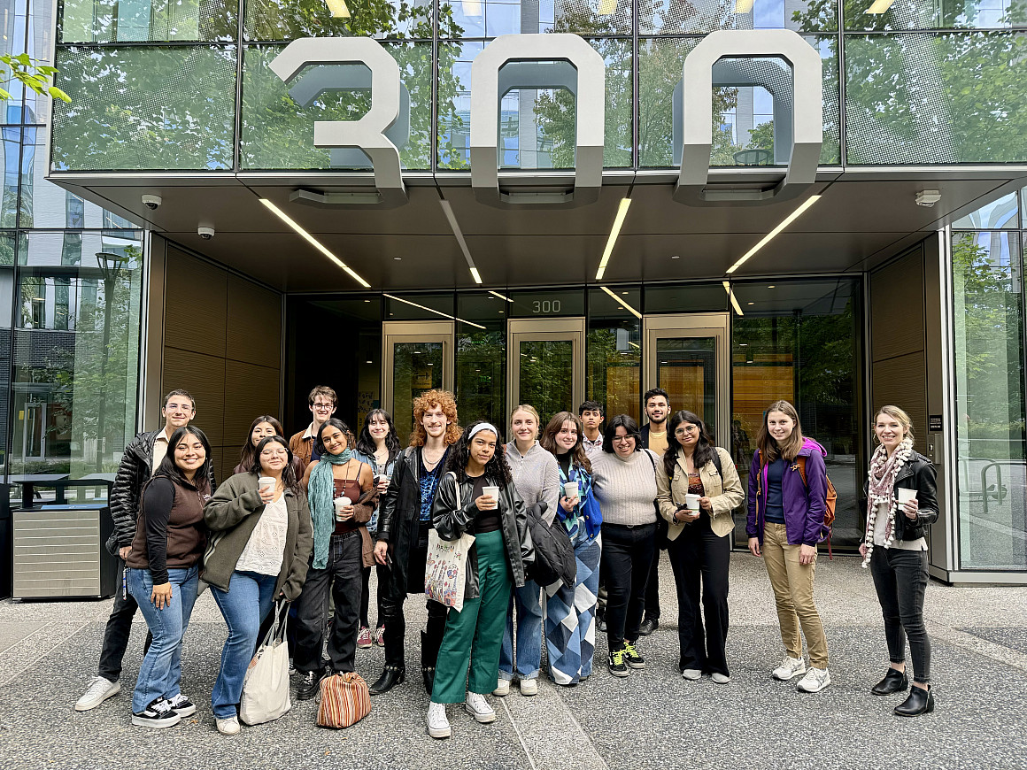 Students standing outside the Meta offices in Seattle.