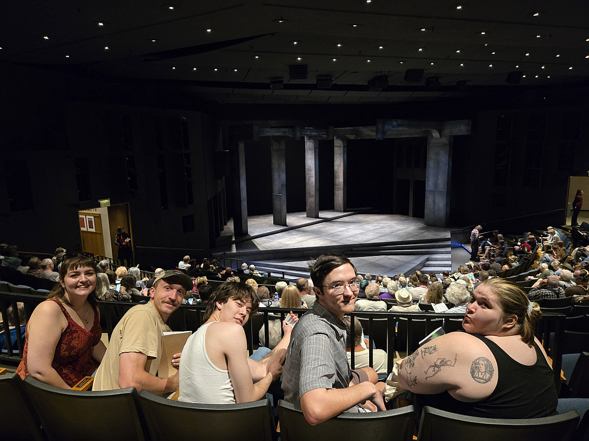 Students wait for Julius Caesar to begin in the Angus Bowmer Theatre. The performance featured an all-female and nonbinary cast. From lef...