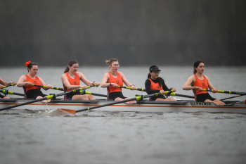 Women's rowing team action shot