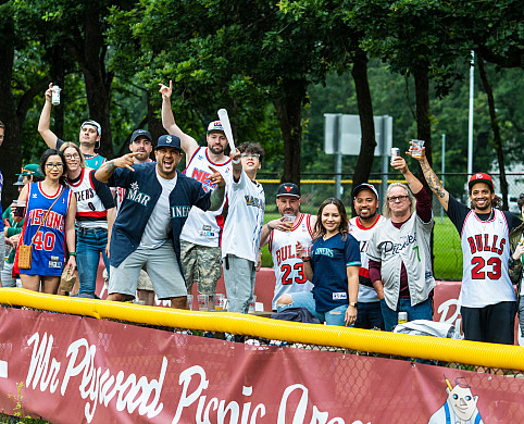 A large crowd of spectators cheering.