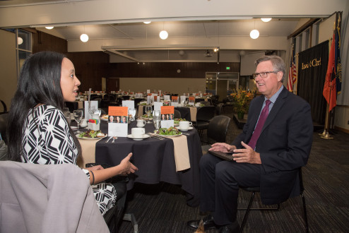 Ambassador Niels Marquardt BA '75 (right) with Haben Girma BA '10 at the 2017 Distinguished Alumni banquet.