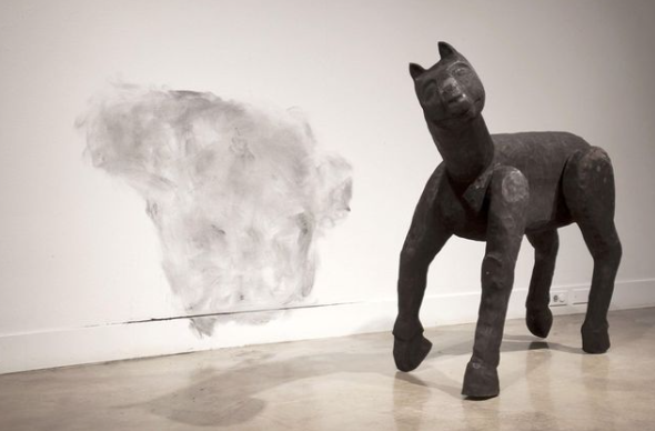 Burned Beast, by Jess Perlitz, 2017. Burned basswood, 48 x 30 x 54 inches.