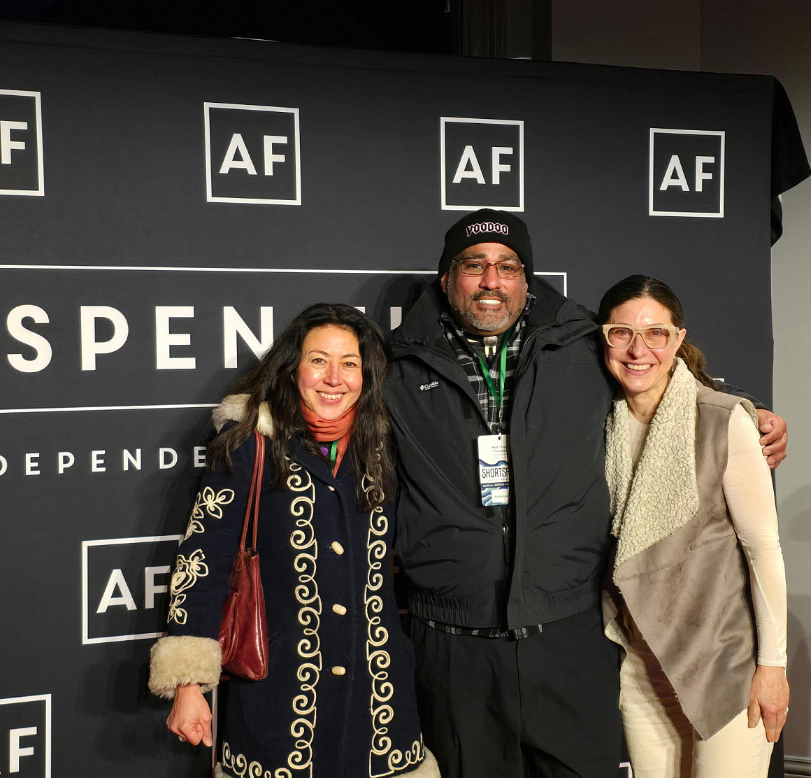 Reiko Hillyer, pictured with former inside student Nick Fiveoaks, and director Eden Wurmfeld at Aspen Shortsfest.