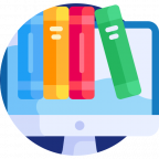 Image of computer with four books on it representing a digital library