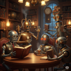 Image of a steampunk style robot book club