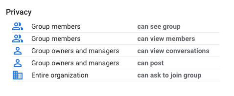 Group Settings Information for a typical Distribution List.