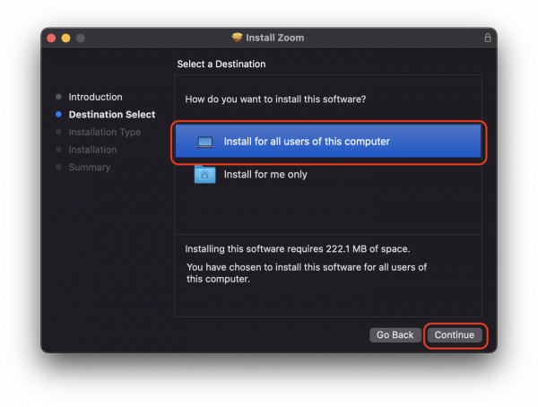 Zoom installer for MacOS with a red highlight around the selection to install for all users on th...